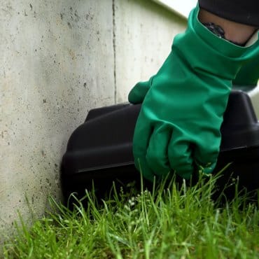 Green Earth Remediation professional sets a bait box to control rodent populations around residential properties.