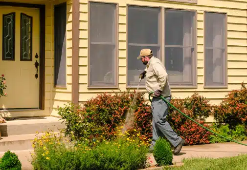 Homeowner performing DIY pest control by spraying around the exterior of a house.