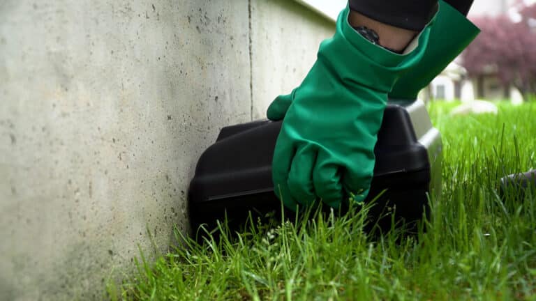 Placing a mouse bait station in a commercial outdoor area for DIY pest control.