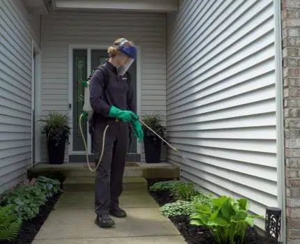 Pest control specialist spraying for bugs outside home.